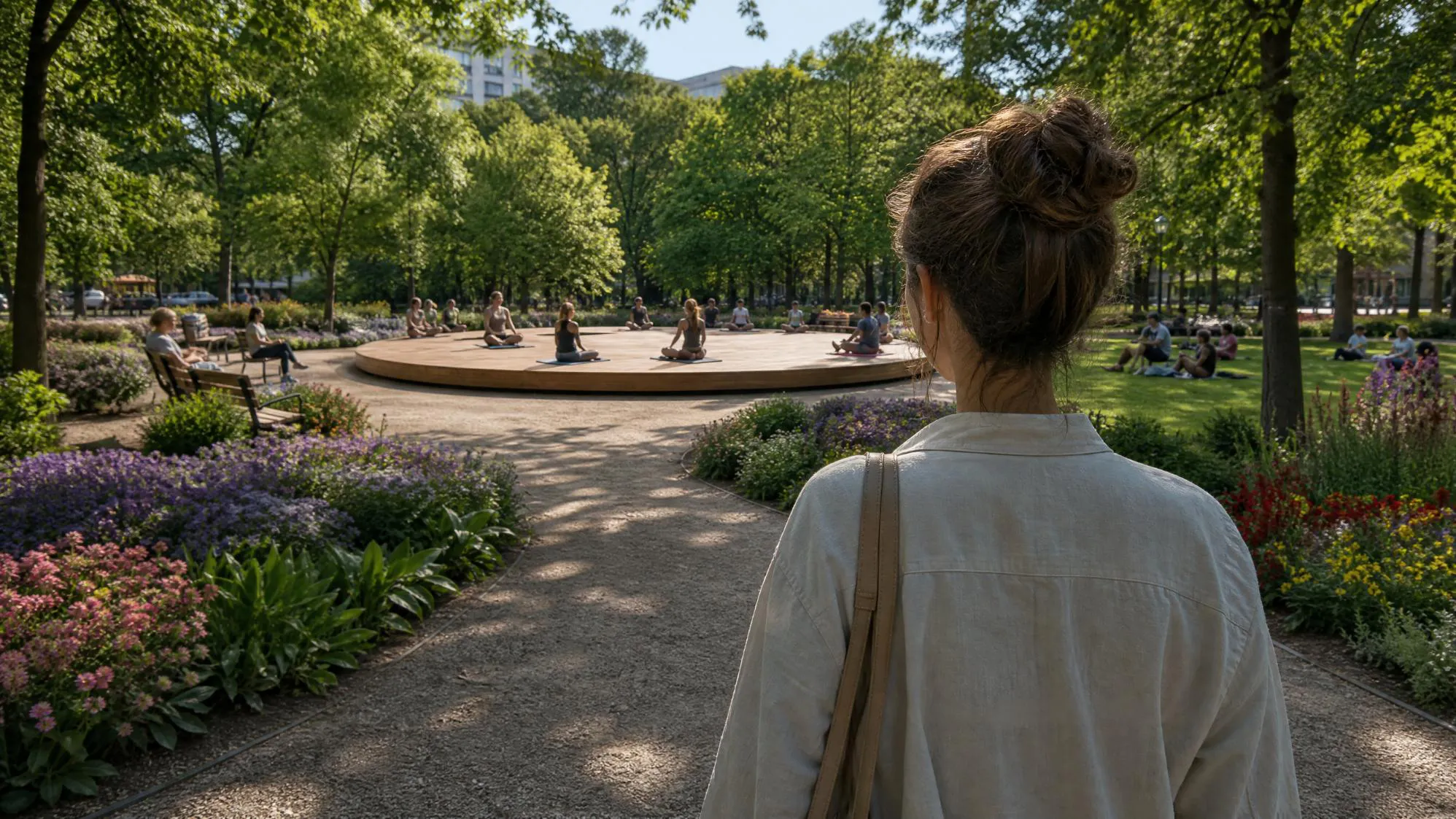 A person overlooking a vibrant city park where people gather to meditate and relax among trees and flower beds