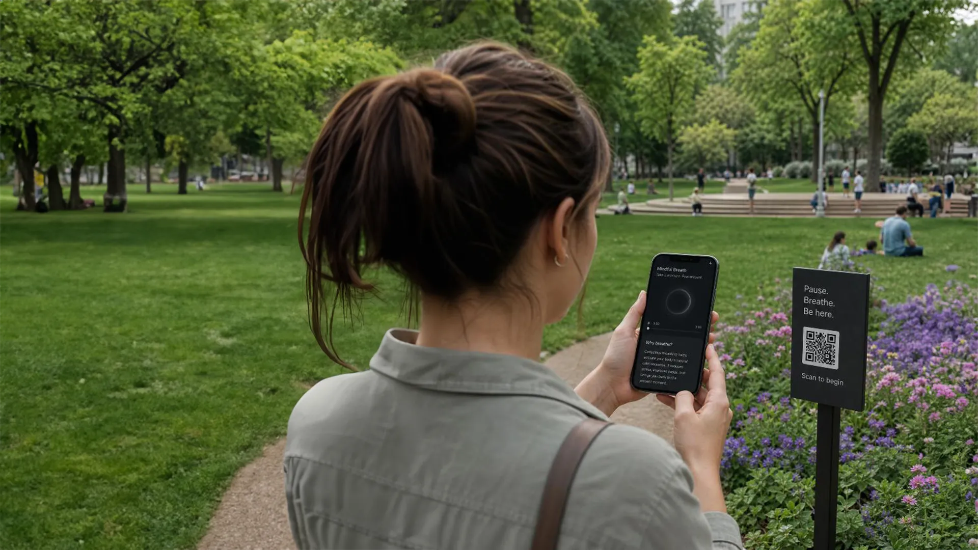 A person scanning a Pause. Breathe. Be here. QR code in a city park